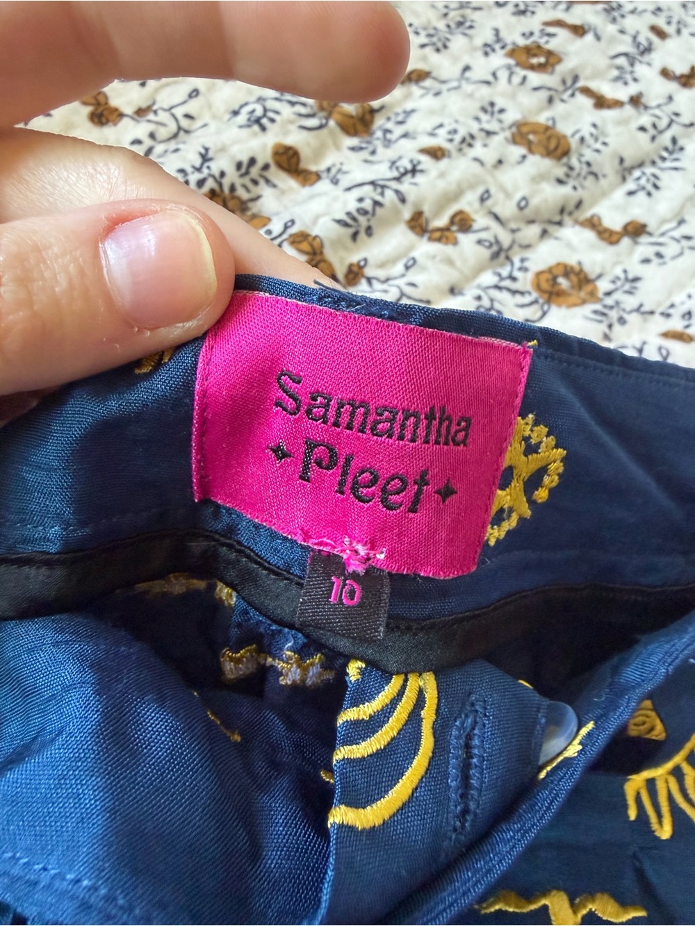 Samantha Pleet Navy Blue Wide-Leg Trousers with Yellow Celestial Print - Picture 2 of 3